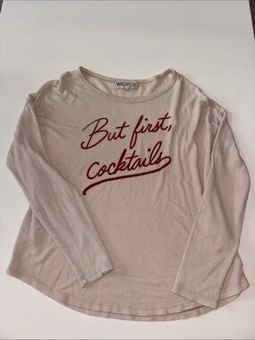 Wildfox Light Pink Long Sleeve Top with Red “Bur first, cocktails” Script
